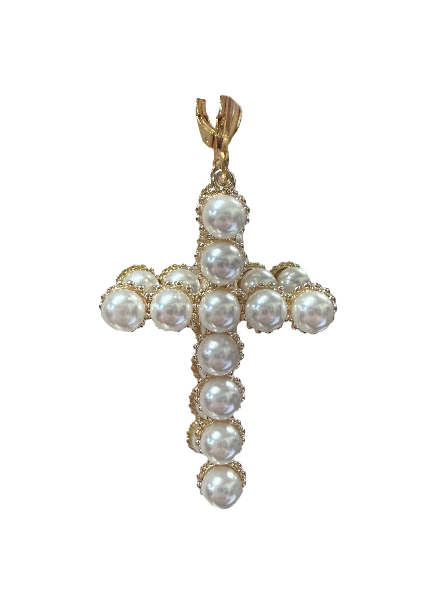 Gold cross pendant with white pearls in gold settings. Available sizes: small, medium, large. Elegant religious jewelry.