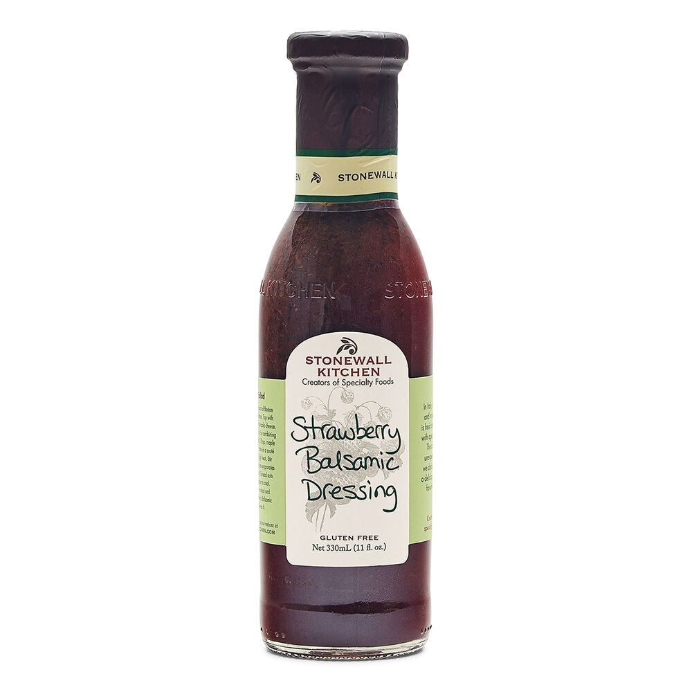 Strawberry Balsamic Dressing, dark red liquid, green label, black cap, gluten-free. Available in 11 oz (330 ml) bottle.