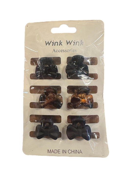 Mini Bow Hair Clip Sets card with six small clips (3 black, 3 brown), two columns. "Made in China" text. Sizes not listed.