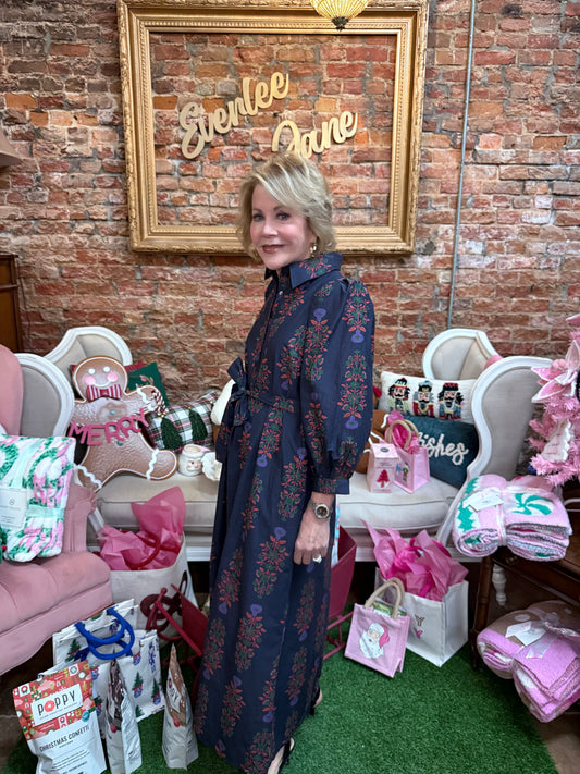 Navy Block Print Belted Dress