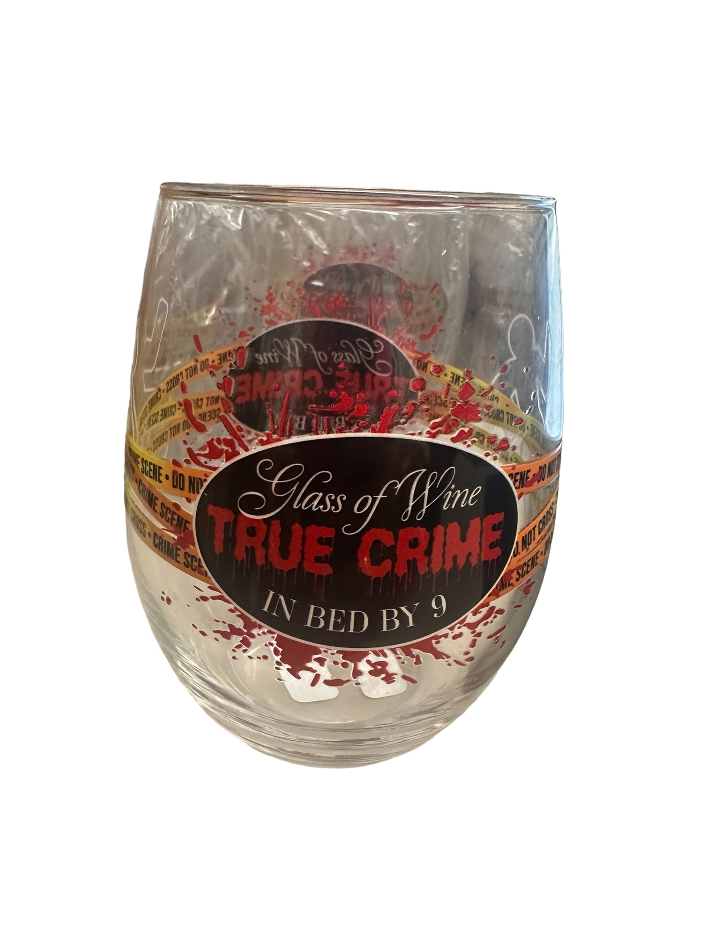 The Wine True Crime Glass has yellow crime scene tape, red blood splatter, bold black text. Available in 15 oz size.