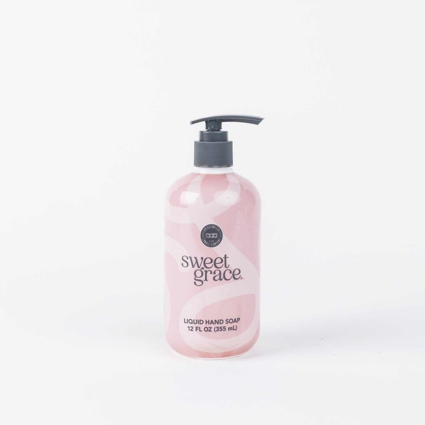Sweet Grace Liquid Soap, 12 fl oz (355 ml) pink bottle with black pump, enriched with shea butter and premium fragrance.