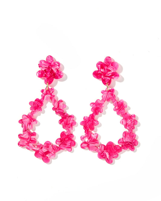 Bianca Earrings: Bright pink, flower-shaped drop earrings with a glossy finish. Made from surgical-grade stainless steel. Sizes: One size.