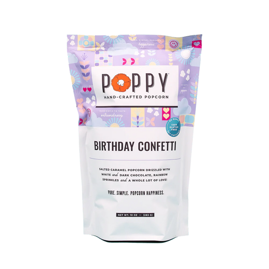 This Birthday Confetti Poppy Popcorn is a delightful blend of salted caramel and dark chocolate flavors. The popcorn comes in a colorful bag labeled "birthday confetti", embellished with graphics of sprinkles and festive designs. Available sizes vary.