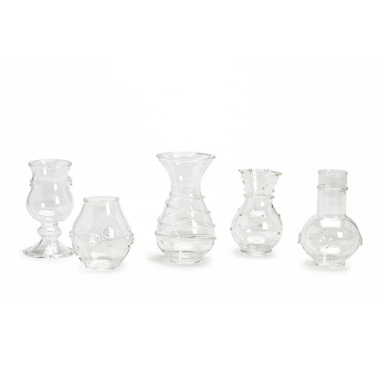 Hand-blown Verre Glass Bud Vases, five shapes and sizes, with swirls, dots, or textured patterns. Sizes: assorted.