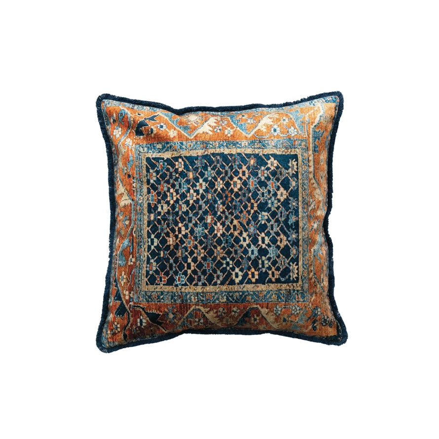 20” square velvet pillow with blue and orange geometric floral print, central diamond lattice; available in 20” size.