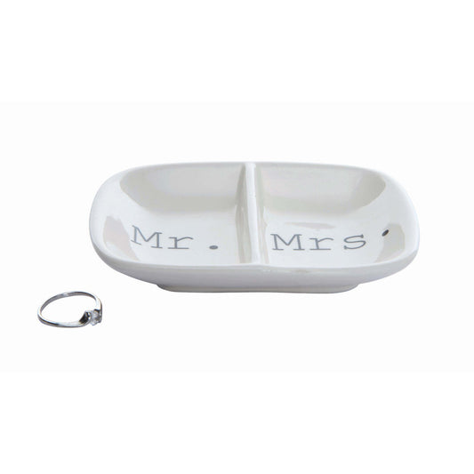 Mr. & Mrs. Ceramic 2 Section Dish, white ceramic ring holder with two compartments. Available in standard size only.