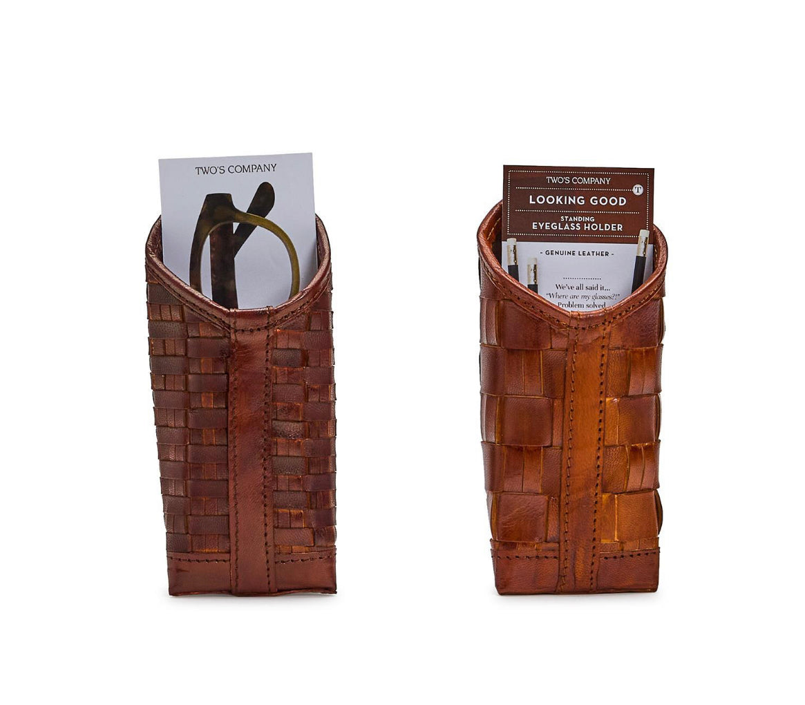 Chestnut Woven Leather Eyeglass Holder in patchwork genuine leather. Available sizes: Small, Medium, Large.