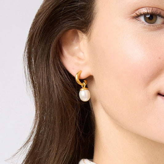 Wave Hoop & Charm Earring Pearl with 24K gold plating and pear-shaped pearls. Available in multiple sizes.
