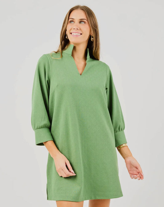 Hadley Green Dress in a loose fit with three-quarter sleeves and V-neck; available in sizes XS–XL.