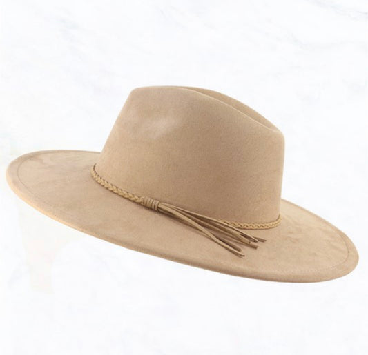 Light brown wide brim hat with flat brim, braided band, and decorative tassel. Available in S, M, L sizes.
