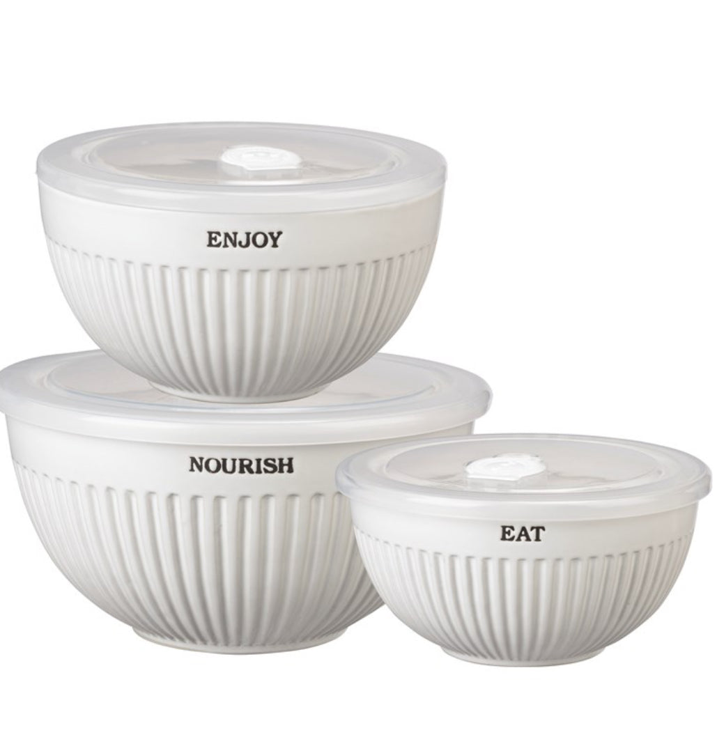 Set of 3 white ribbed stoneware nesting bowls, clear date dial lids, labeled ENJOY, NOURISH, EAT. Sizes: S/M/L.