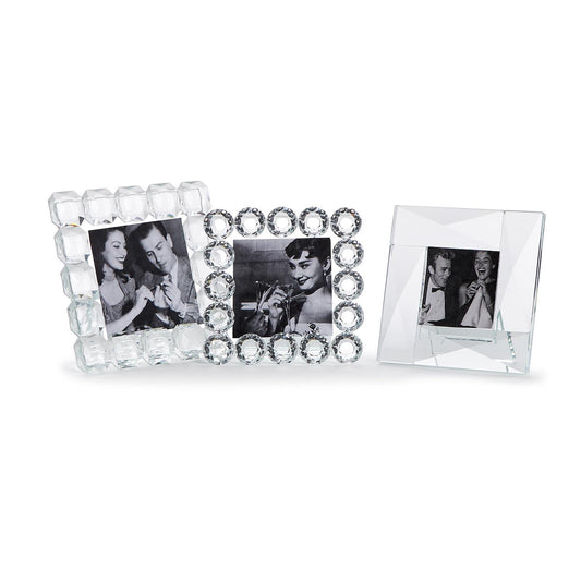 Set of three handcrafted brilliant cut crystal frames in square, circular, and faceted styles. Sizes: 4x6", 5x7", 8x10".