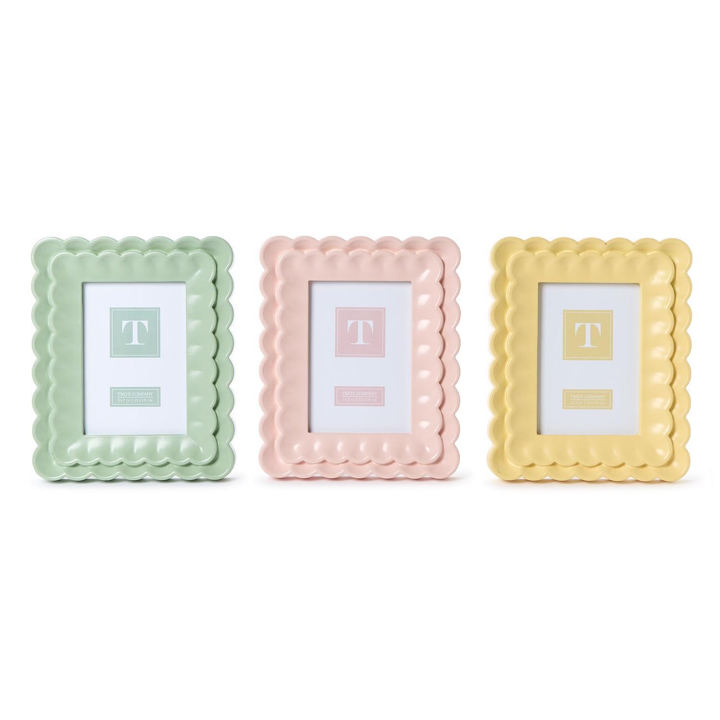 Scalloped wood frames, 5x7, pastel green, pink, yellow, wavy borders; each displays a centered "T". Sizes: 5x7 inches.