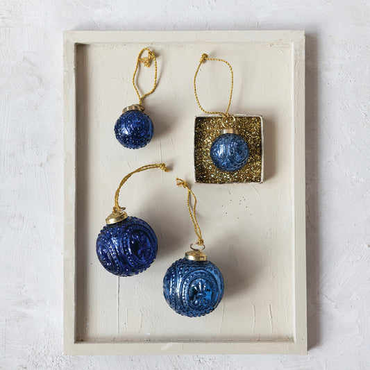 Embossed Recycled Mercury Glass Ball Blue Ornament
