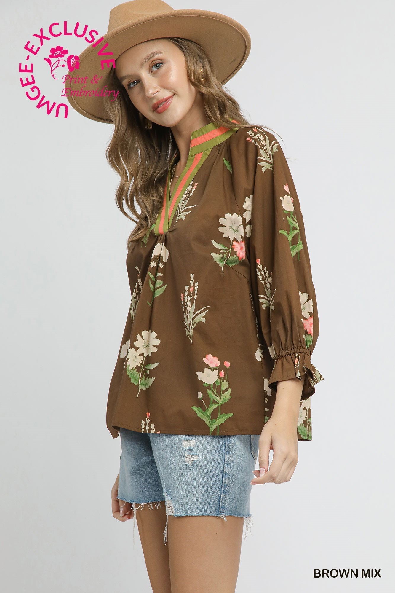 Sienna Floral Contrast Trim Blouse in brown mix cotton with green and red accents. Available in sizes XS-XL. SAGEE-EXCLUSIVE.