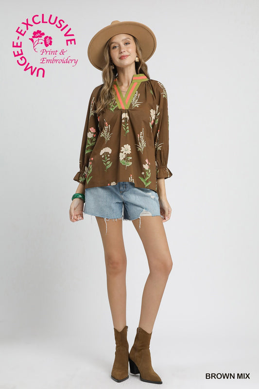 Sienna Floral Contrast Trim Blouse with print & embroidery. Available in sizes XS–XL. Exclusive style.