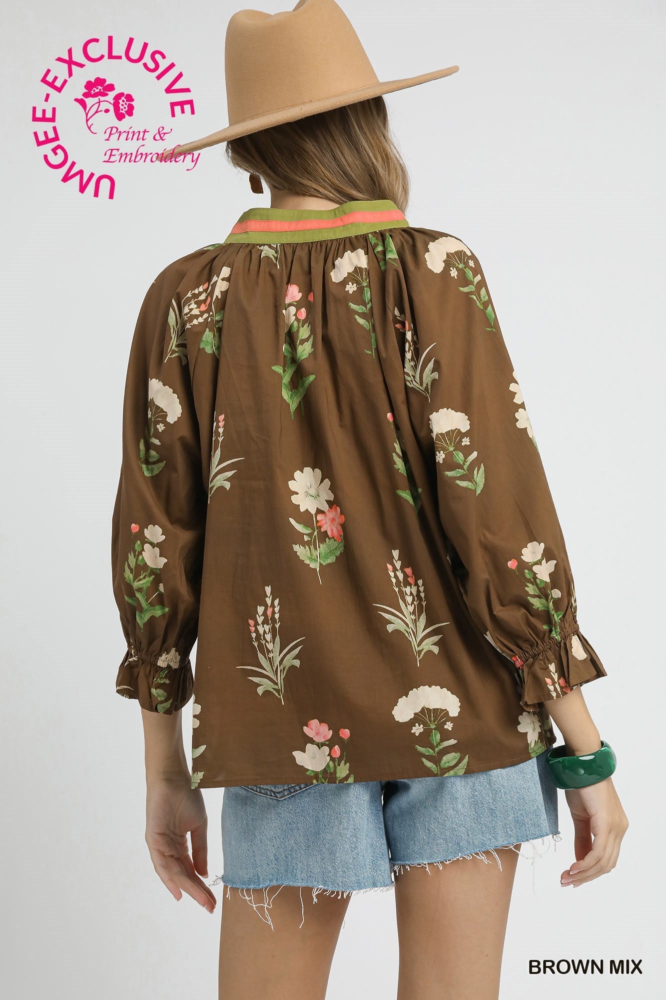 Sienna Floral Contrast Trim Blouse with balloon sleeves, brown mix. Unique print & embroidery. Sizes XS-XL. Ideal for autumn.