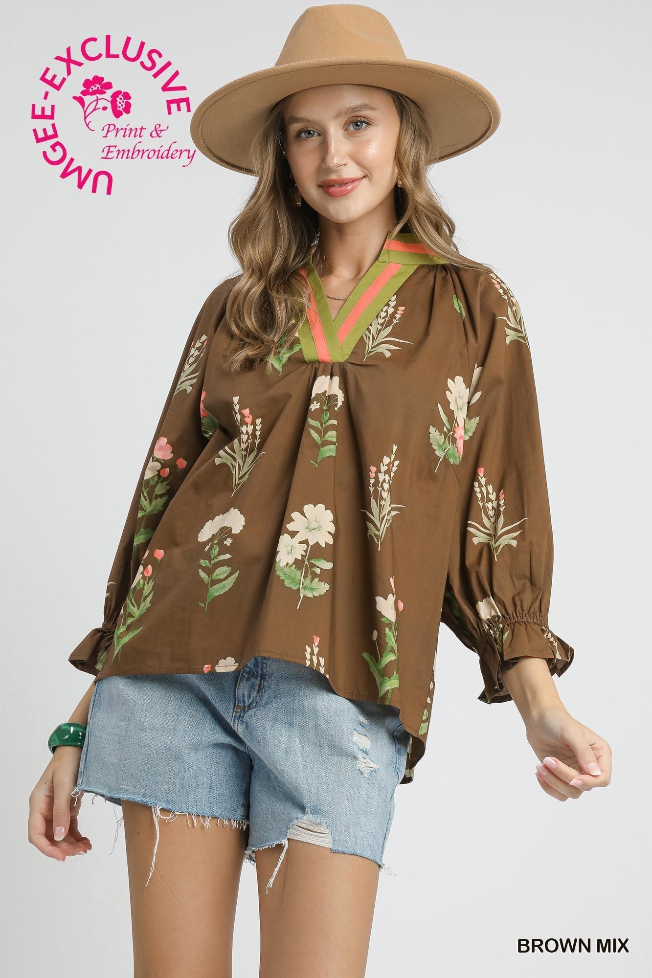 Sienna Floral Contrast Trim Blouse: loose brown cotton, green/red trim, "BROWN MIX". Sizes XS–XL.