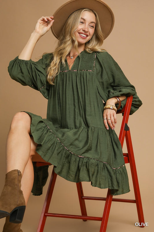 Juniper Tiered Long Sleeve Dress shown. Available in sizes XS–XL.