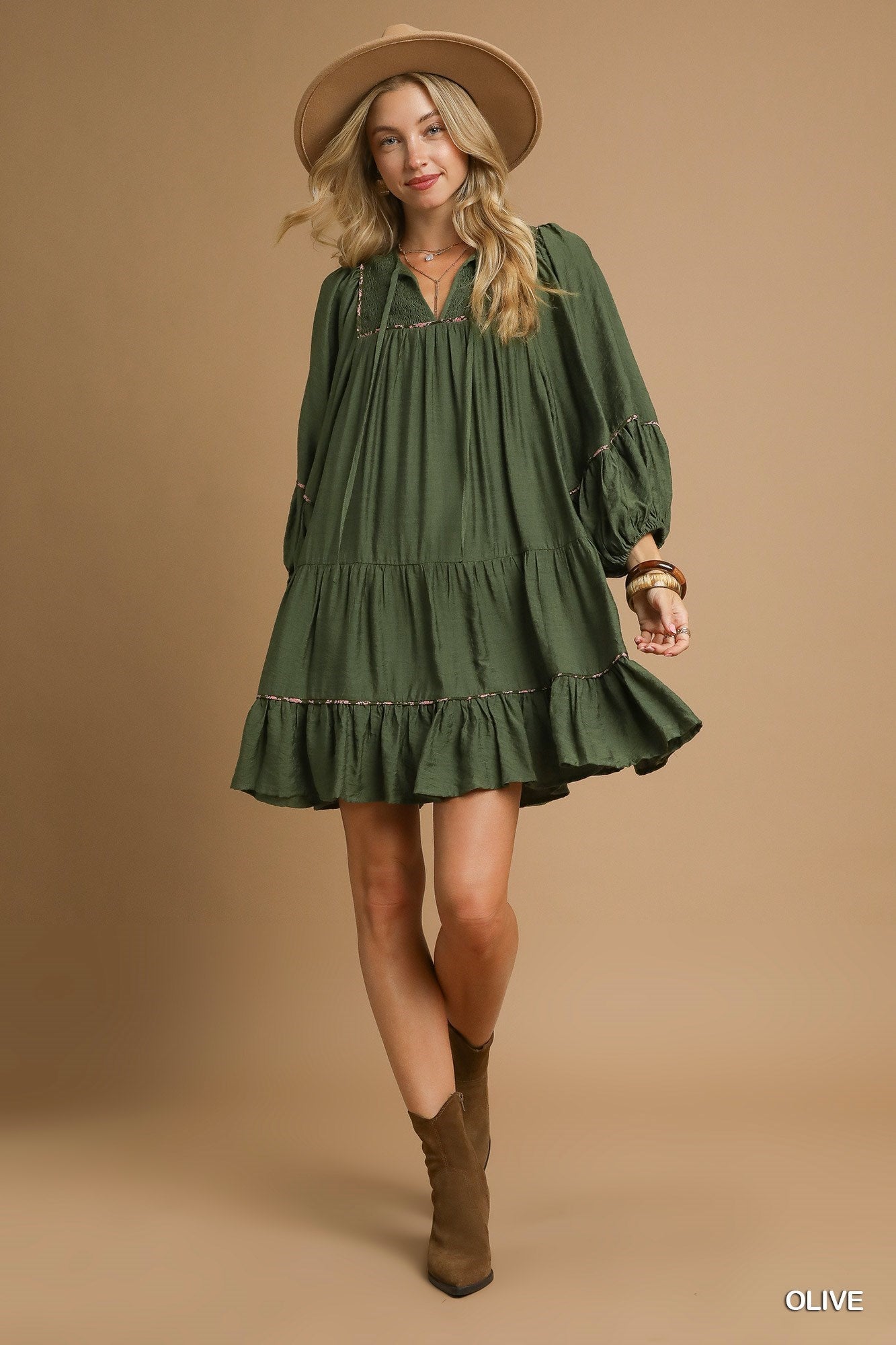 Juniper Tiered Long Sleeve Dress in olive; available in sizes XS-XL. Features tiered design and long sleeves.