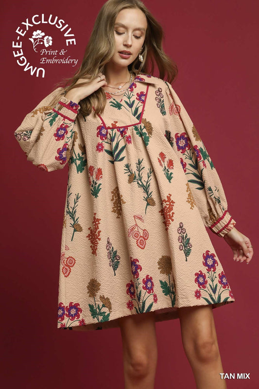 Mix Floral Textured Shift Dress: loose fit, peach floral print, embroidery, long puffy sleeves, V-neck. Sizes: XS-XL.