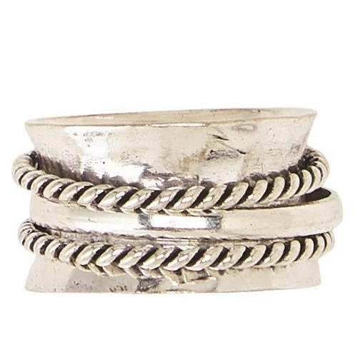 Bold silver ring with hammered texture, two rope bands, rotating design. Subtle stress relief. Available in sizes 6-10.