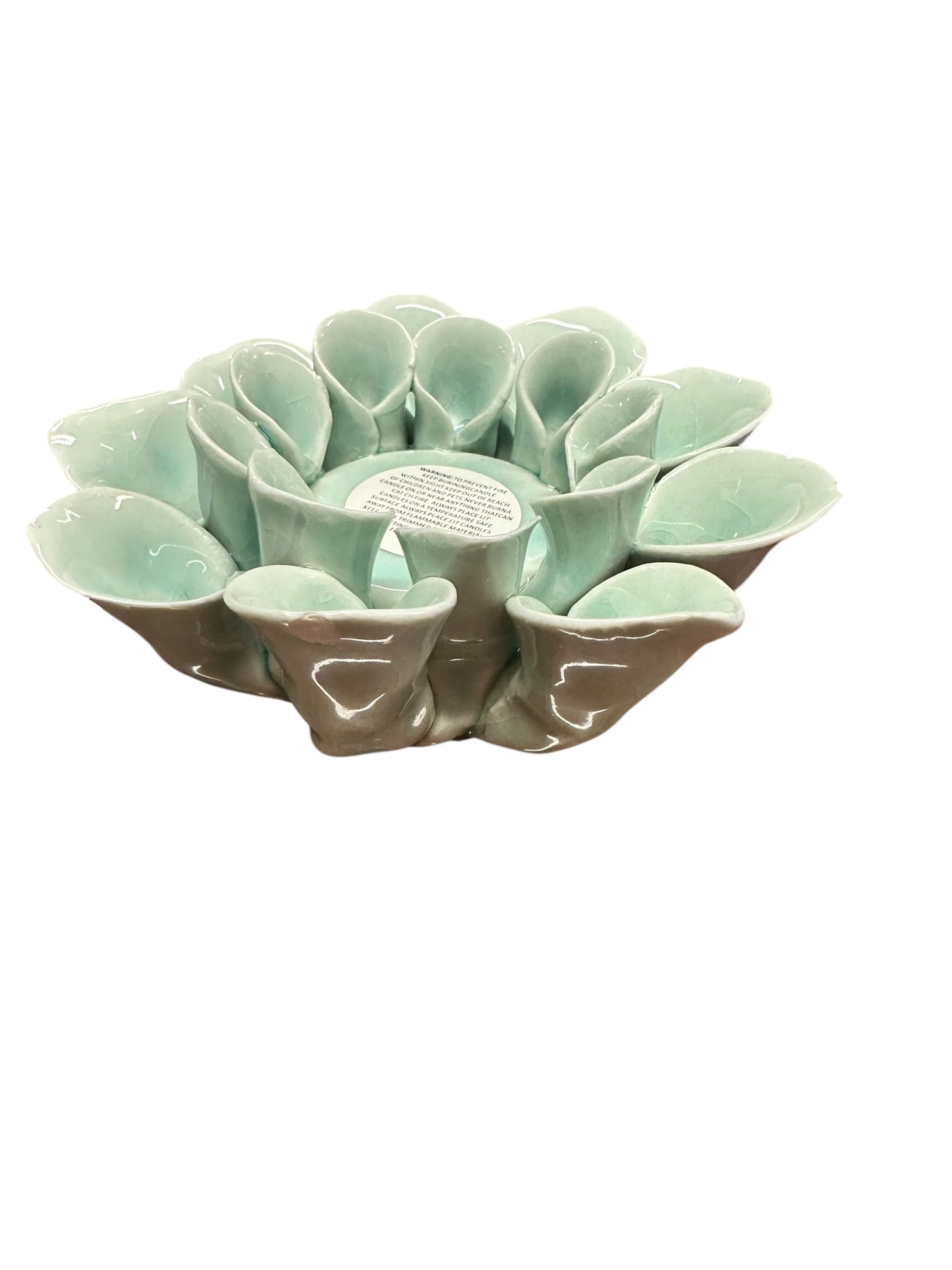 Ceramic Blue Flower Votive Holder with layered, petal-like shapes; available in small, medium, and large sizes.