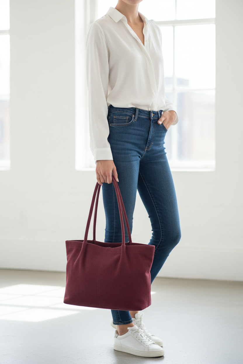 Suede Tote Bag shown. Available in small, medium, and large sizes.
