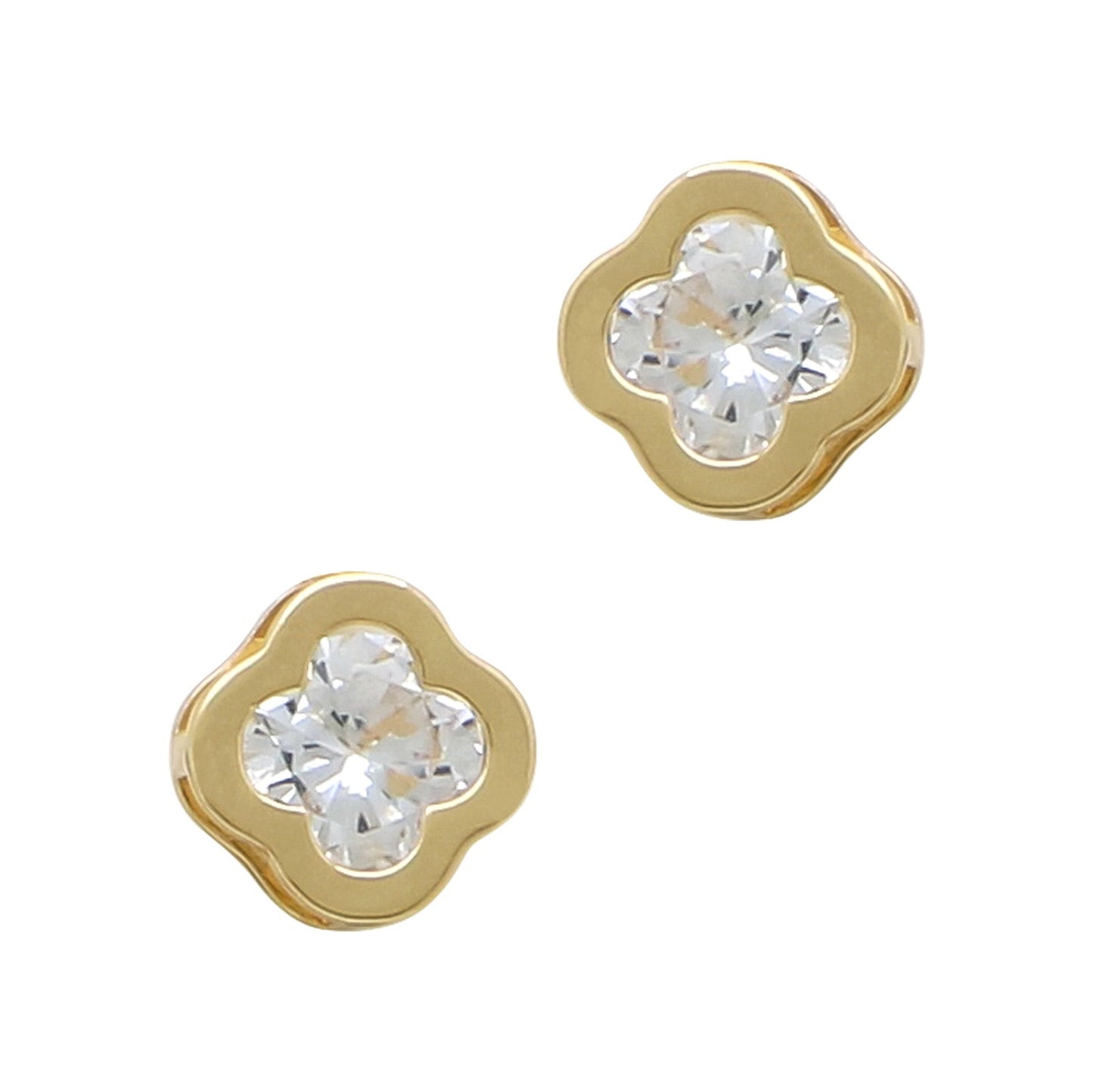 Gold four-leaf flower stud earrings with central crystal. Available in small and medium sizes.