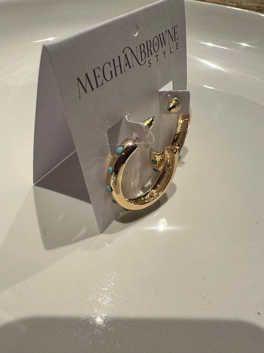 Small gold hoop earrings with turquoise accents. Available sizes: small.