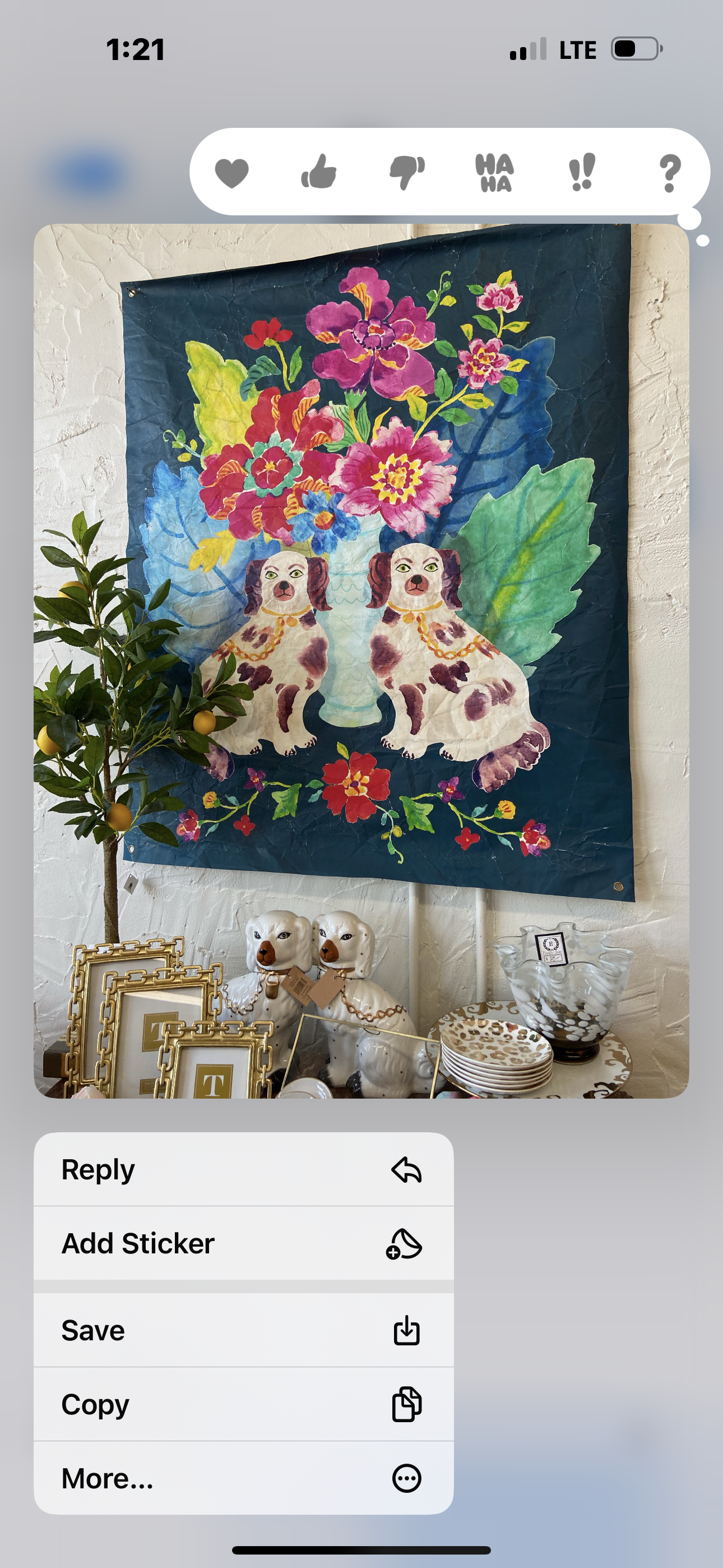 38x46" Paper Art, "Tobacco Leaf Staffordshire" by Casey Krimmel, features two spotted dogs and flowers.