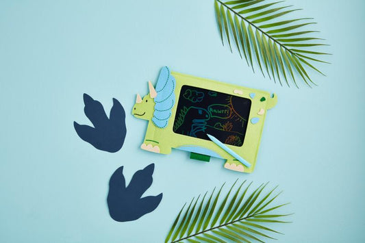 Green triceratops-shaped Dino Felt Doodle Pad displaying a drawing; available in small size.