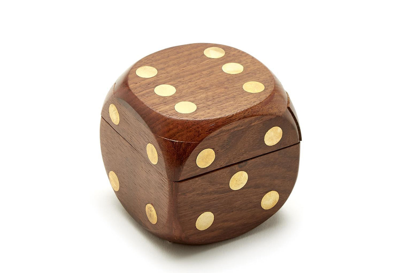 Acacia wood dice box shaped like a die with rounded edges and gold dots. Available in small, medium, and large sizes.