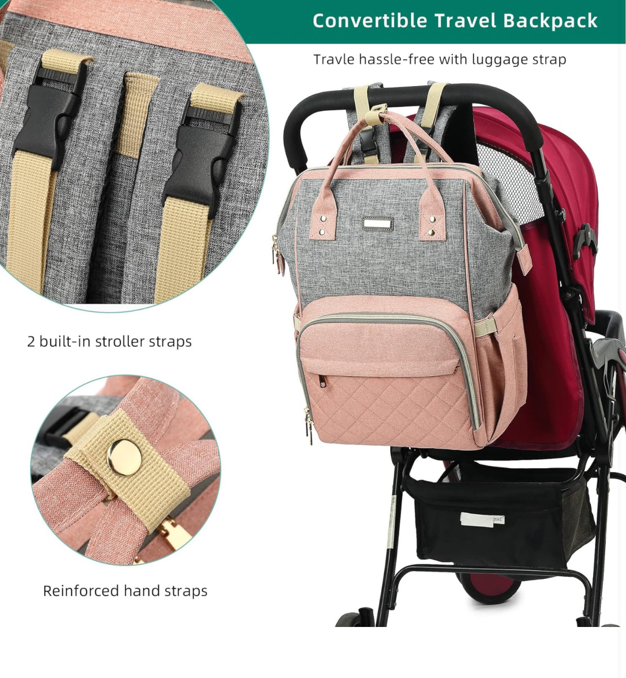 Diaper bag features built in stroller straps, reinforced hand straps, and luggage strap