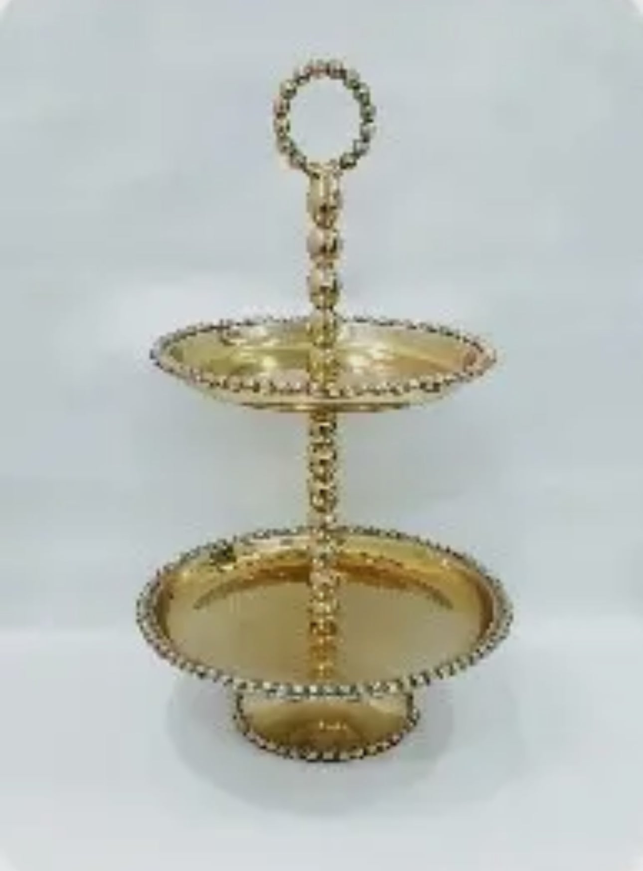 Gold Beaded 2-Tier Cake Stand with decorative beaded edges, round top handle, golden finish; available in two sizes.
