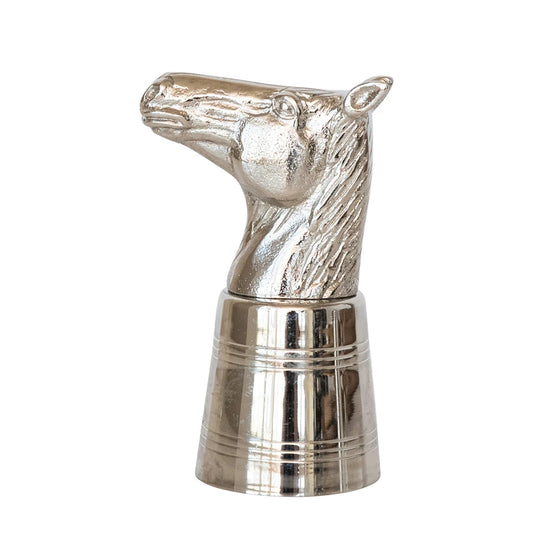 Cast Iron Stainless Steel Jigger with silver horse head on cylindrical base. Available in 1 oz and 2 oz sizes.