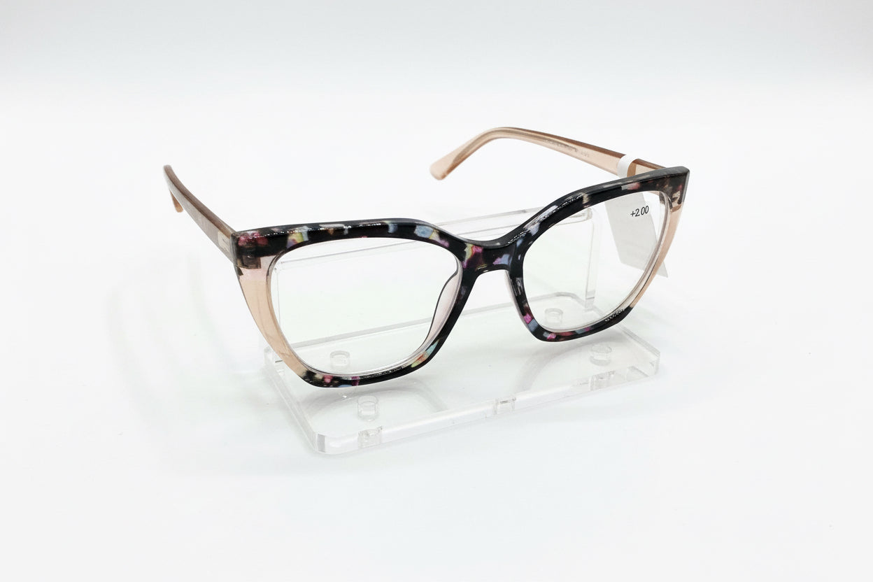 Cat-eye reading glasses with multicolored frames in pink, black, blue, and yellow. Available in multiple sizes.