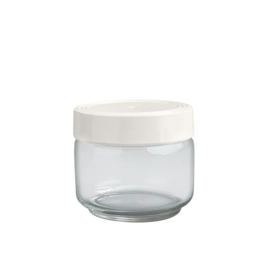 Pinstripes Canister: Small clear glass jar with wide mouth and white plastic screw-on lid. Dishwasher safe. Available size: Small, 11 oz (325 ml).