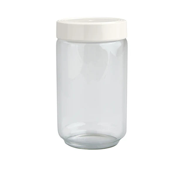 Clear glass canister with wide mouth and white, microwave-safe screw-on lid. Available sizes: 10 oz, 22 oz, 34 oz.