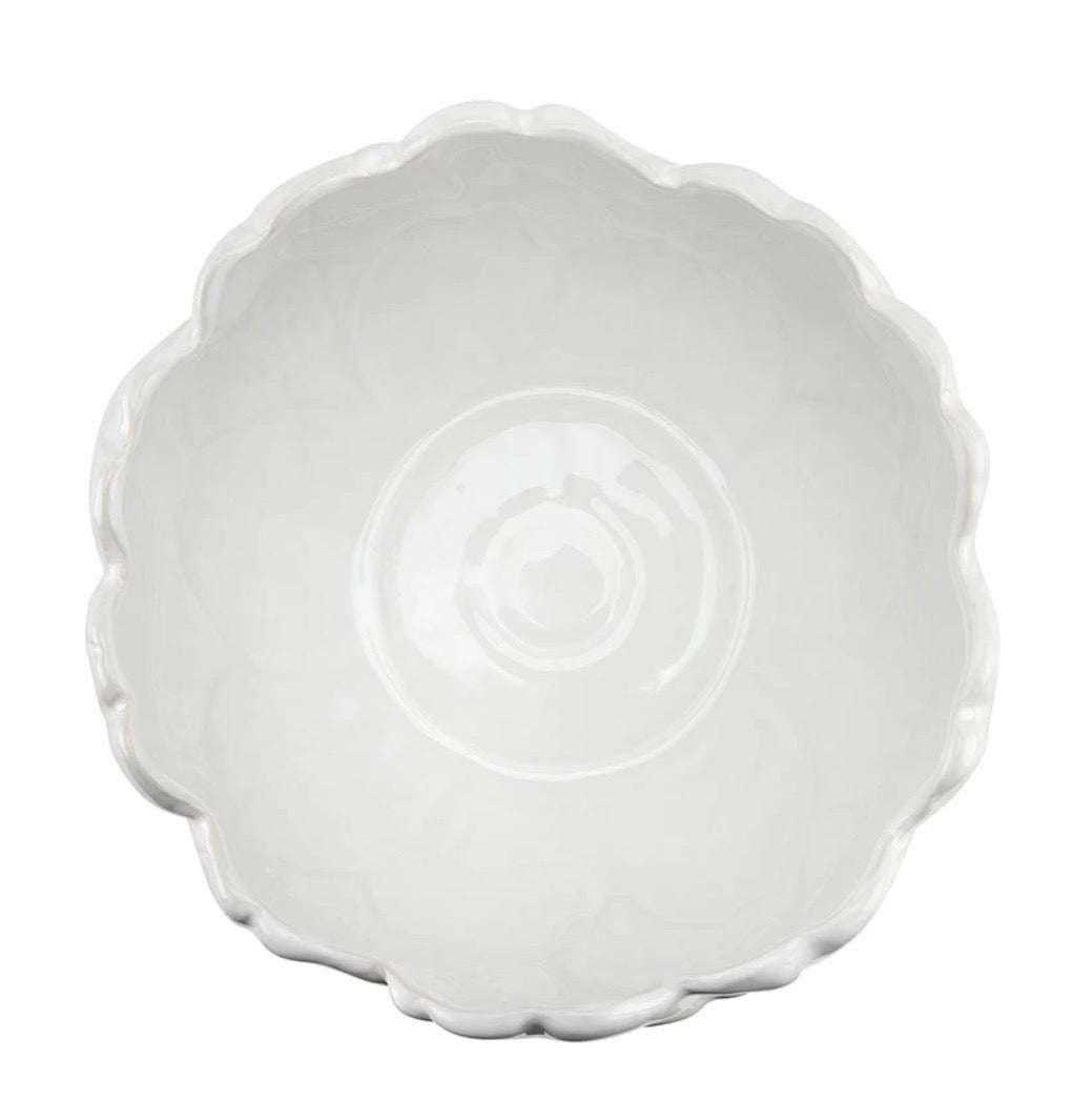White ceramic artichoke bowl with scalloped, flower-inspired edge; available in multiple sizes.