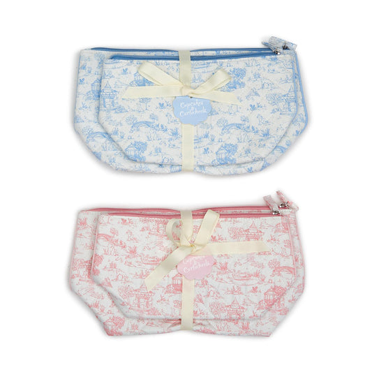 Set of 2 Animal Toile Multipurpose Pouches, blue/white and pink/white, with zipper closures and cream ribbon ties. Sizes: S, L.