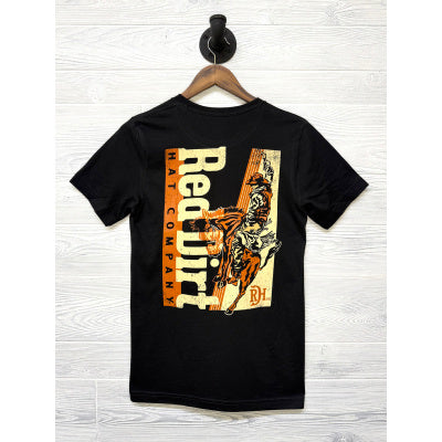 Smoked T-Shirt from Red Dirt Hat Co., black cotton blend, cowboy and horse graphic, "Red Dirt Hat Company" and "RH" on back. Sizes S-XXL.