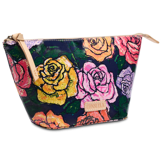 Large zippered cosmetics bag with yellow, pink, and purple rose pattern, tan zipper, roomy design. Size: Large only.