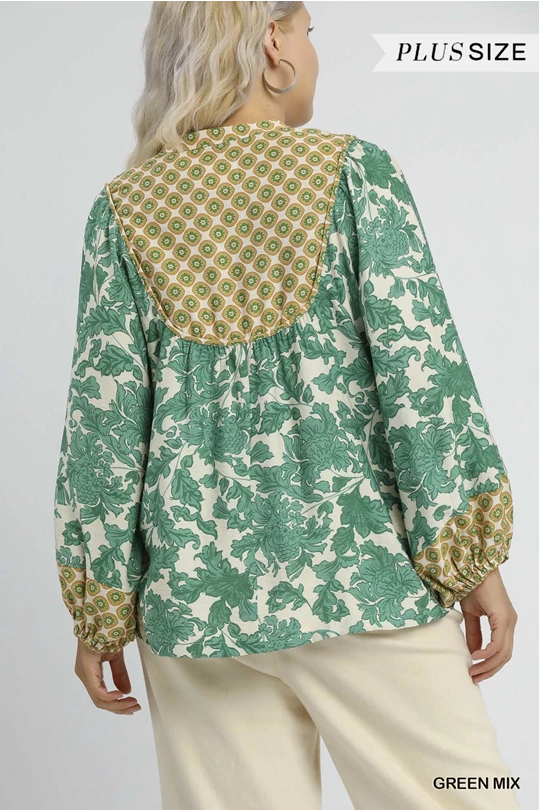 Annie Abstract Print Top: relaxed-fit, green floral & yellow geometric print, long sleeves, gathered cuffs. Sizes XS-XL.