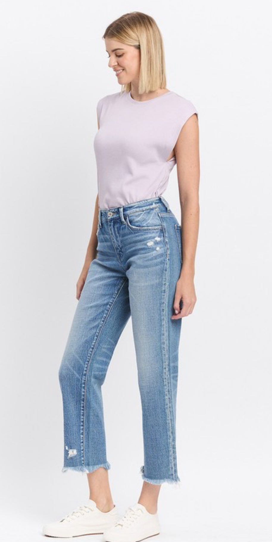 Periwinkle High Rise Frayed Hem Straight Jeans with slight distressing; available in sizes 24-32.