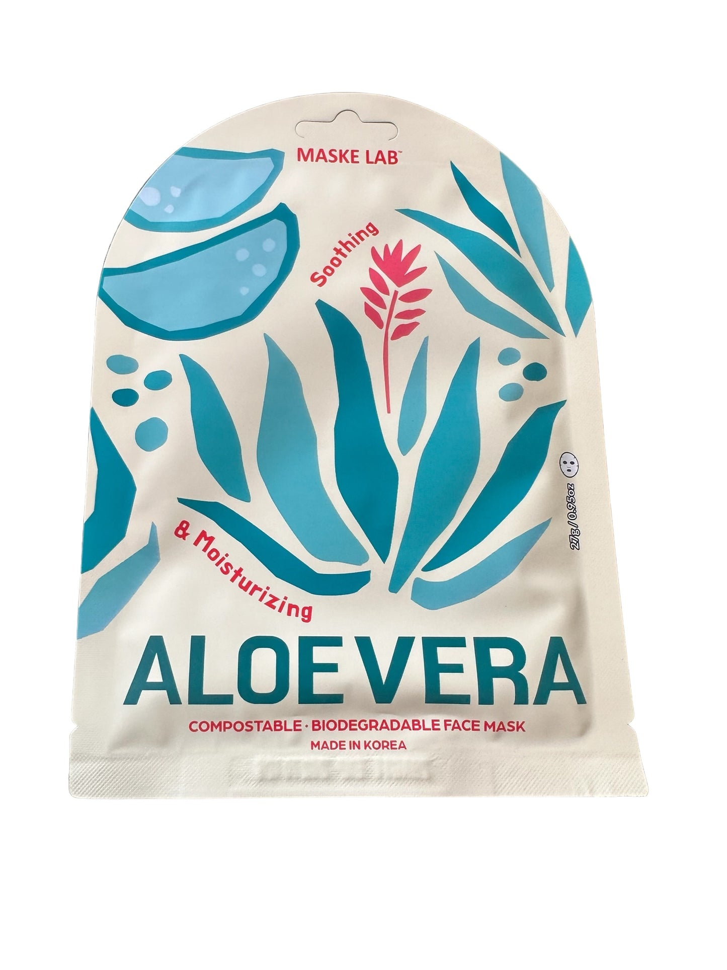 Maske Face Mask: Compostable, biodegradable mask with soothing and moisturizing properties. Packaging has blue and green aloe vera leaves with red accents. Made in Korea. Available in one size.