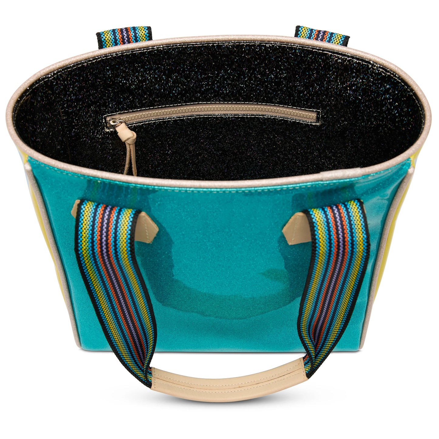 Turquoise Consuela Classic Tote with rainbow-striped handles, black glittery interior, zip pocket. Available in standard size.