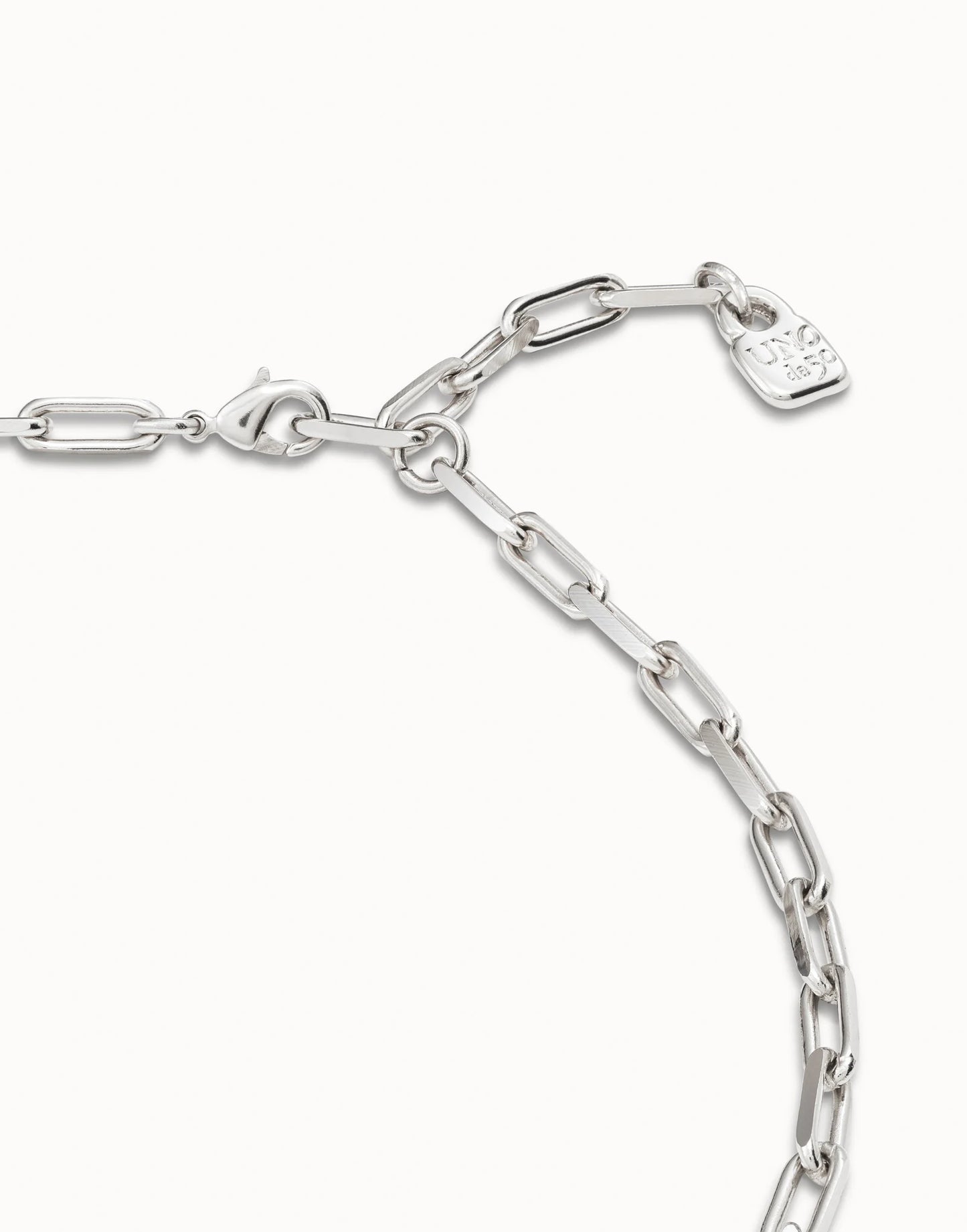 Sterling silver Short Link Chain Charm Necklace with elongated links, clasp, and small engraved rectangular tag. Available in 16", 18", and 20" lengths.