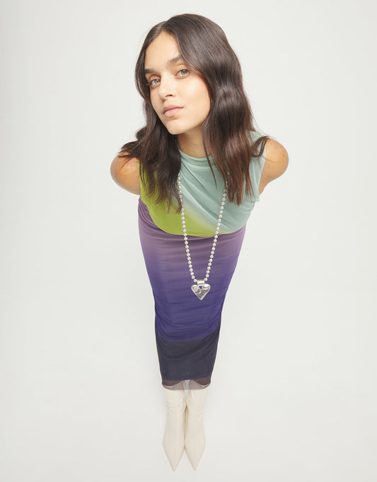 Long Necklace with Beads and Heart Detail featuring a silver-plated beaded chain and heart pendant. Available in lengths 18", 22", and 26".